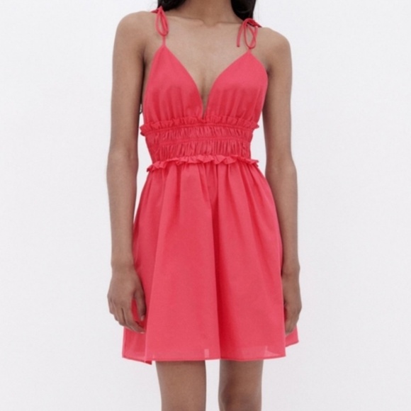 zara pink babydoll dress Zara Pink Puff Sleeve Embroidered Babydoll